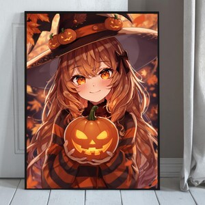 Autumn Halloween Wall Art – Anime Pumpkin Witch Poster – Cozy Seasonal Room Decor