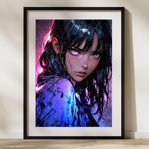 Cyberpunk Anime Girl Poster – Neon Purple Digital Art Print, Futuristic Wall Decor