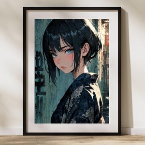 Japanese Anime Girl Poster – Blue Eyes Kimono, Traditional Wall Art