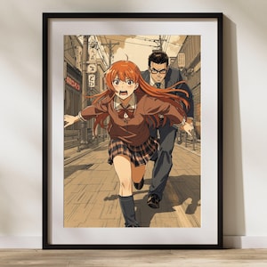 Retro Anime Poster – Japanese Manga Girl Escape Scene in City Alley