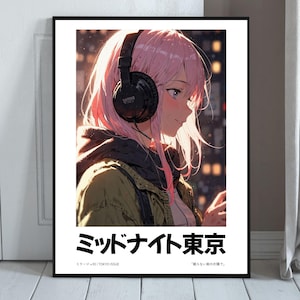 Lo-fi Anime Poster – Pink Haired Girl with Headphones Wall Art for Study Room