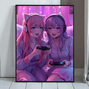 Anime Wall Art Poster – Pastel Gaming Girls Print in Soft Pink