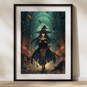 Library Witch Anime Poster – Gothic Halloween Dark Academia Wall Art