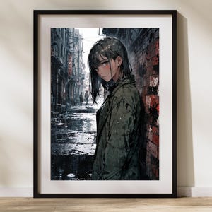 Cyberpunk Anime Poster – Dark Urban Street Wall Art with Girl in Rain Alley