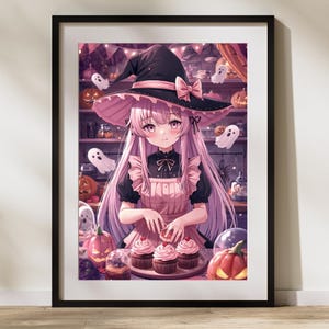 Halloween Witch Baker Anime Poster – Kawaii Pink Cupcake Wall Art, Cozy Teen Room Decor