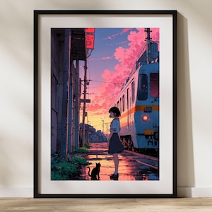 Retro Anime Girl Poster, 90s Aesthetic Japanese Train Art Print, WaifuCult Originals, Anime Poster