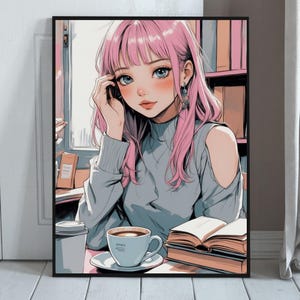 Lo-Fi Anime Girl Poster – Cozy Café Study Vibes, Kawaii Pink Hair Manga Wall Art