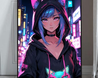 Cyberpunk Cat Girl Poster – Neon Anime Wall Art, Pink Hoodie Gaming Print