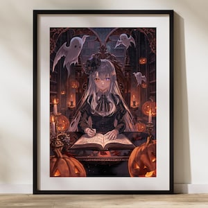 Mystical Witch Anime Poster – Gothic Halloween Dark Academia Wall Art