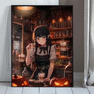 Halloween Witch Barista Poster – Gothic Anime Café Art, Demon Girl Witchcore Print
