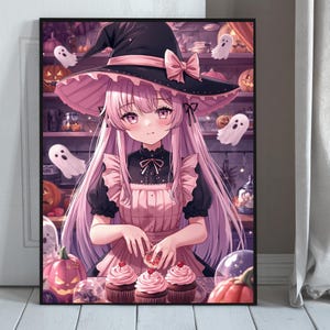 Halloween Witch Baker Anime Poster – Kawaii Pink Cupcake Wall Art, Cozy Teen Room Decor