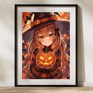 Autumn Halloween Wall Art – Anime Pumpkin Witch Poster – Cozy Seasonal Room Decor