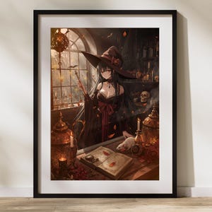 Halloween Wall Art Witch Anime – Gothic Dark Academia Wall Print, Autumn Witchcore Home Decor | Digital Download