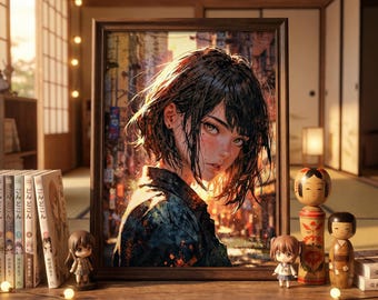 Poster di ragazza anime Golden Hour – Arte murale urbana alla luce del sole caldo