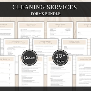 May include: A bundle of cleaning services forms, including agreements, intake forms, quotes, and invoices. The forms are displayed on a light beige background with black text. The bundle includes over 10 pages and is designed using Canva.