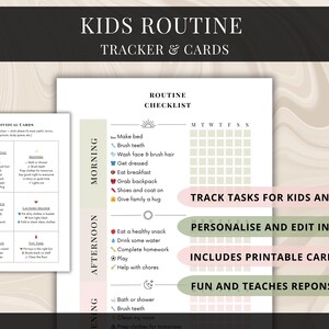 May include: A printable kids' routine tracker and cards. The checklist includes morning, afternoon, and evening tasks. The design is in neutral colors with text that reads "Track tasks for kids and you", "Personalise and edit in Canva", "Includes printable cards", and "Fun and teaches responsibility".