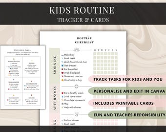 Può includere: Un tracker di routine e schede stampabili per bambini. L'elenco include compiti mattutini, pomeridiani e serali. Il design è in colori neutri con il testo "Tieni traccia delle attività per bambini e per te", "Personalizza e modifica in Canva", "Include schede stampabili".