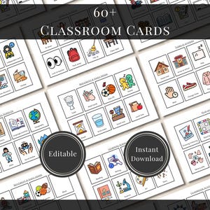 May include: A collection of 60+ classroom cards featuring colorful line art illustrations of school activities, daily tasks, and learning subjects. The cards are organized into grids with text labels, including sections for movement, daily needs, and play.