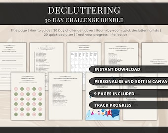 May include: A decluttering bundle with a 30-day challenge, including a title page, guide, tracker, room-by-room lists, and reflection pages. The bundle is available for instant download and can be personalized and edited in Canva. It includes 9 pages.