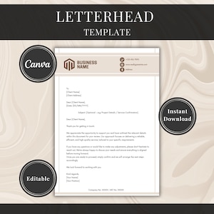 May include: Letterhead template with a beige and white design. The document includes a business name, contact information, and placeholder text for client details and a subject line. The design includes the text "Letterhead Template", "Canva", "Instant Download", and "Editable".