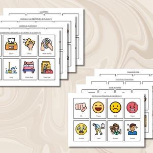 May include: A collection of educational flashcards featuring colorful icons and text labels. The cards are organized into categories such as chores, actions, and emotions, displaying illustrations like a broom, a bed, and various facial expressions.