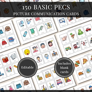 May include: A collection of 150 basic PECS picture communication cards featuring colorful icons for daily activities, clothing, food, and emotions. The cards are organized in grids with labels and include editable templates and blank cards for customization.