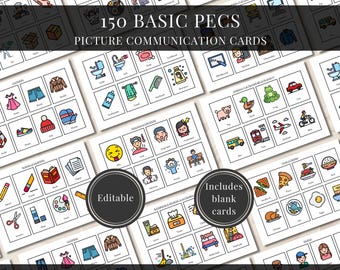 May include: A collection of 150 basic PECS picture communication cards featuring colourful icons for daily activities, clothing, food, and emotions. The cards are organised in grids with labels and include editable templates and blank cards for customisation.