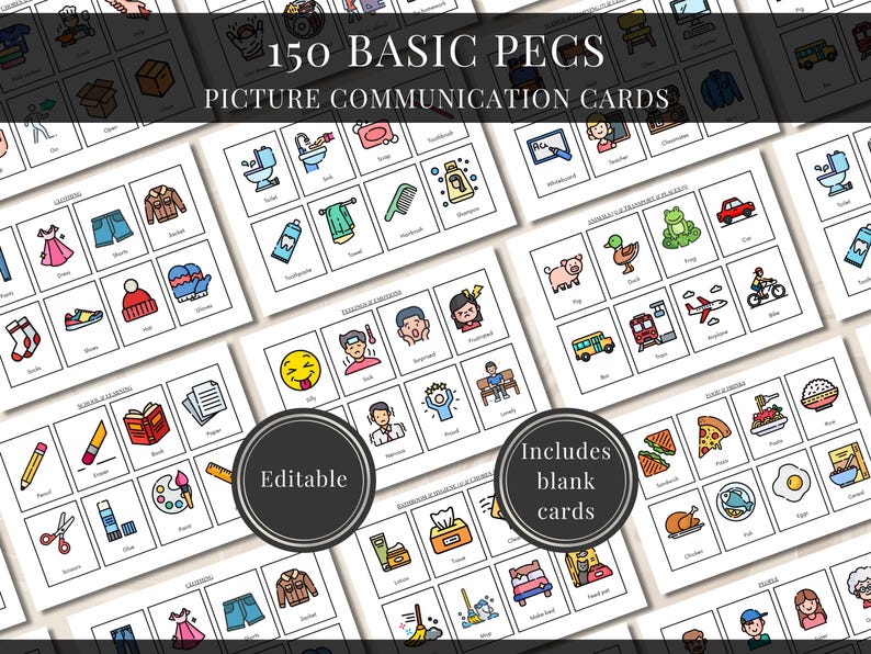 May include: A collection of 150 basic PECS picture communication cards featuring colorful icons for daily activities, clothing, food, and emotions. The cards are organized in grids with labels and include editable templates and blank cards for customization.