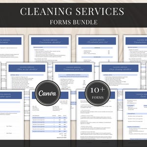 Pode incluir: Um pacote de formulários de serviços de limpeza, incluindo acordos, listas de verificação e listas de preços. Os formulários têm um design azul e branco, com o texto "Cleaning Services" no topo. O logotipo da Canva é visível.