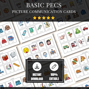 Può includere: Una raccolta di schede di comunicazione PECS stampabili con icone colorate per oggetti quotidiani, cibo, abbigliamento ed emozioni. I fogli includono etichette di testo per ogni elemento, con una sovrapposizione centrale che riporta BASIC PECS PICTURE COMMUNICATION CARDS, INSTANT DOWNLOAD e 100% EDITABLE.