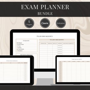 May include: A digital exam planner bundle displayed on a desktop computer, tablet, and laptop. The screens show various planning templates, including an overview, syllabus breakdown, and time block sheet. The text "EXAM PLANNER BUNDLE" is at the top.