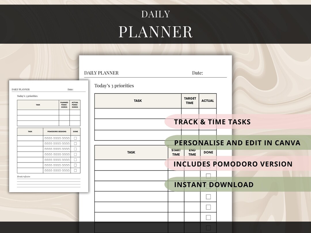 Pdf Planner Tasktracker Daily Planner Printable, Task Tracker, Pomodoro Timer, to Do List, Task ...