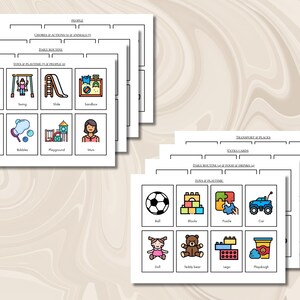 May include: A set of printable educational flashcards featuring colorful icons and text labels for various categories like playtime, daily routine, and people. Each card displays a simple graphic illustration representing items such as crayons, a swing, a ball, and a teddy bear, organized into clear, labeled rectangular grids.