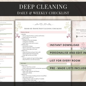 May include: A digital download featuring a deep cleaning checklist. The checklist includes daily and weekly tasks for various rooms, such as the kitchen and whole house. The design is in shades of white, pink, and green, with text that reads "Instant Download" and "List for Every Room."