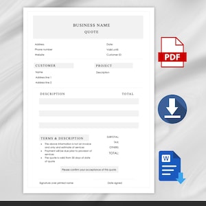 Quote Template Editable Job Proposal Template, Price Quotation Sheet, Small Business Estimate Form, Quote Form, Job Estimate Form, Word