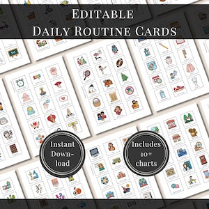 May include: A collection of white cards with colorful illustrations representing daily activities. The cards are labeled "Editable Daily Routine Cards" and include the text "Instant Download" and "Includes 10+ charts" on circular badges.