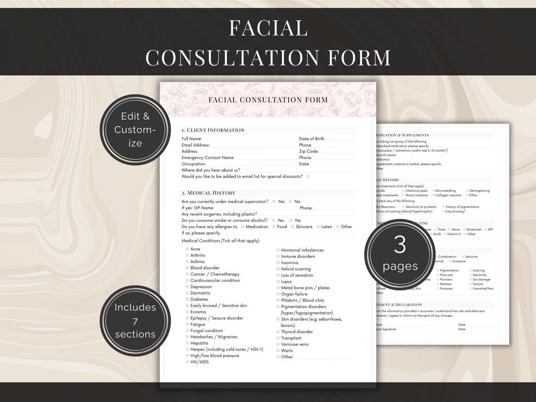Editable Facial Consultation Form, Client Intake Form, Beauty Salon ...