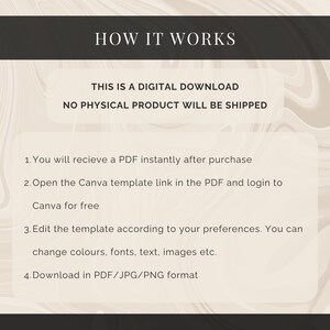 May include: A digital download instruction graphic with a beige marble background. The text reads: HOW IT WORKS, THIS IS A DIGITAL DOWNLOAD NO PHYSICAL PRODUCT WILL BE SHIPPED, 1. You will recieve a PDF instantly after purchase, 2. Open the Canva template link in the PDF and login to Canva for free, 3. Edit the template according to your preferences. You can change colours, fonts, text, images etc., 4. Download in PDF/JPG/PNG format.