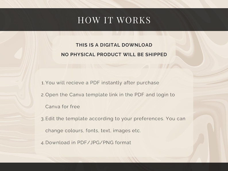 May include: A digital download instruction graphic with a beige marble background. The text reads: HOW IT WORKS, THIS IS A DIGITAL DOWNLOAD NO PHYSICAL PRODUCT WILL BE SHIPPED, 1. You will recieve a PDF instantly after purchase, 2. Open the Canva template link in the PDF and login to Canva for free, 3. Edit the template according to your preferences. You can change colours, fonts, text, images etc., 4. Download in PDF/JPG/PNG format.