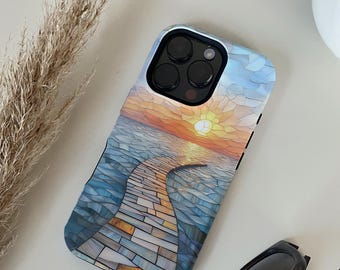 Ocean Sunset Phone Case, Stained Glass Pier iPhone Cover, Coastal Beach Aesthetic Summer Case