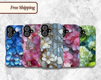 Hydrangea Stained Glass MagSafe Phone Tough Case, iPhone 17 16 15 14 13 Pro Max Cover, Nature Inspired Floral Mosaic Phone Protection Gift