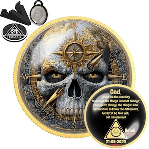 May include: A round gold-rimmed coin featuring a detailed skull with a compass design, golden eyes, and a map background. A smaller circular insert displays the Serenity Prayer text, a triangle logo with 24 HOURS, the name Natali, and the date 21-09-2020.