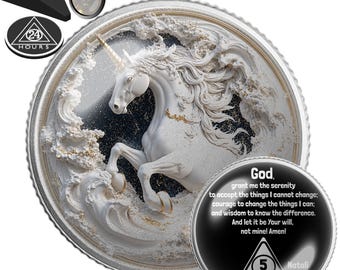 Silver Unicorn Sobriety Coin | AA NA Recovery Gift | Sober Anniversary Chip | Personalized Medallion | Magic Unicorn Gift Recovery