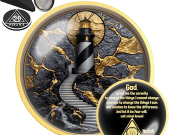 Lighthouse Keeper Stairs Sobriety Coin, Personalized NA AA Clean Time Medallion, Sober Anniversary Chip
