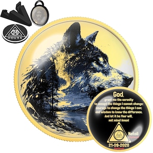 Starry Night Wolf Sobriety Coin | AA NA Recovery Gift | Sober Anniversary Chip | Personalized Medallion | Starry Night Moon Wolf