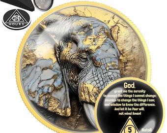 Elephant in Gold and Marble Sobriety Coin | AA NA Recovery Milestone Gift | Sober Anniversary Chip | Custom Sober Date Medallion