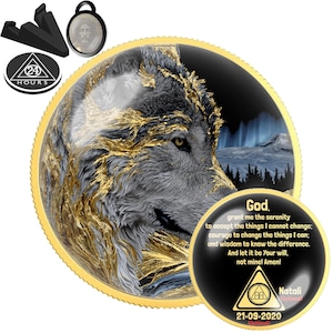 Northern Lights Wolf Sobriety Coin | Personalized AA NA Recovery Medallion Sober Anniversary Gift | Aurora Nature Chip | Keepsake Token
