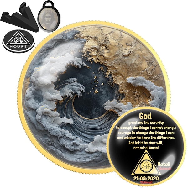 Wave Sea Sobriety Coin | Personalized AA NA Sober Recovery Gift | Ocean Wave Chip Medallion | Sober Anniversary Keepsake Token
