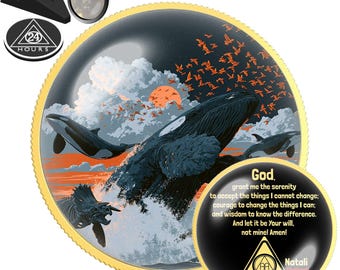 Dark Sunset Breaching Whale Sobriety Coin | AA NA Recovery Milestone Gift | Sober Anniversary Chip | Personalized Clean Date Medallion