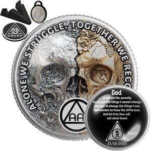 Sobriety Coin: Skull Design 90 Day Recovery Token (Silver)